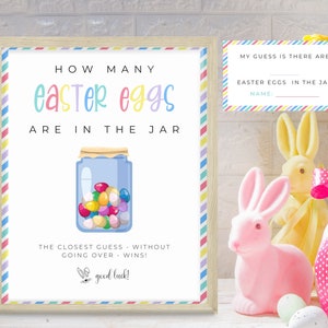 Indovina quante uova di Pasqua ci sono nel segno del barattolo. Festa di Pasqua per bambini stampabile. Indovina quanti segni e carte. Download istantaneo. Attività in classe