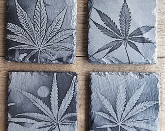4 Piece Set Engraved Coasters, Marijuana Leaf, Stone Coaster, Housewarming, Present, Anniversary, Christmas,