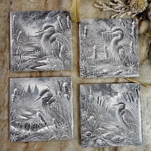 4 X4 Inch Ceramic Tile, Set of 4, Laser Engraved, Arctic. Blue Heron, Crane,  Decorative Ceramic Tile, Unique