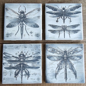 May include: Set of four square ceramic coasters featuring intricate black and white illustrations of steampunk-style dragonflies. Each coaster has a different dragonfly design with detailed gears and mechanical elements.