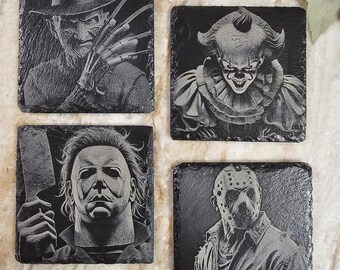 Engraved Horror Movie Villain Slate Coasters, Set of 4
