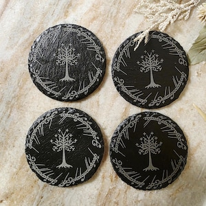 Fan Art Tree of Gondor Slate Coaster Set – Engraved Fantasy Drink Coasters