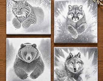 Engraved Wildlife Ceramic Coaster Set, Bear, Wolf, Bobcat & Mountain Lion Coasters, Rustic Cabin Decor, Nature Lover Gift, Engraved Tile