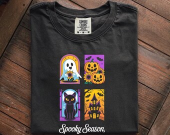 Camiseta de temporada assustadora, camiseta de Halloween, camiseta gráfica unissex, roupa de outono, design de fantasma e abóbora - blusa aconchegante de Halloween para o outono