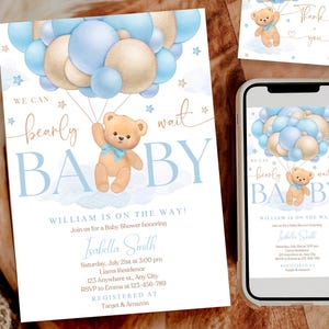 Editable Brown Bear Balloon Baby Shower Invitation, We Can Bearly Wait Baby Shower Invite, Blue Boy Boho Bear Baby Shower, JEFF128