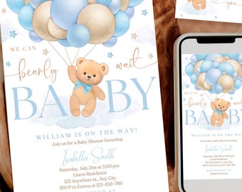 Editable Brown Bear Balloon Baby Shower Invitation, We Can Bearly Wait Baby Shower Invite, Blue Boy Boho Bear Baby Shower, JEFF128