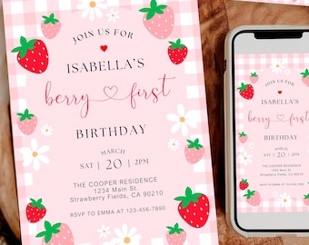 Berry First Birthday Invitation, Editable 1st Birthday Girl Invite, Printable Strawberry First Birthday Girl Invitation Template JEFF19