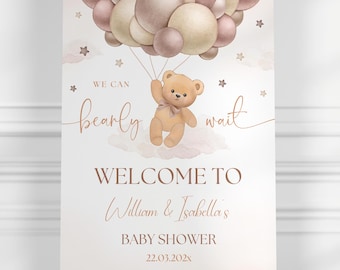 Editable Gender Neutral Bear Baby Shower Welcome Sign, We Can Bearly Wait Baby Shower Poster, Brown Boho Bear Baby Shower Decor, JEFF2839