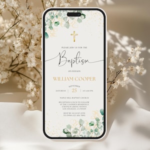 Electronic Baptism Invitation Template, Greenery Baptism Invite, Christening Evite, Digital Baptism Invitation, Baptism Phone Invite, JF-19
