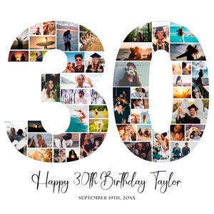 May include: A white background features a collage in the shape of the number 30, filled with various photos. Below, elegant script reads "Happy 30th Birthday Taylor" with the date "September 19th, 20XX" underneath. A personalized birthday gift.