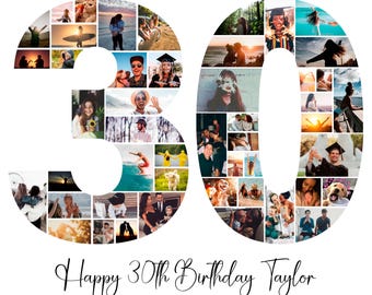 30th Birthday Photo Collage, 30th Birthday Gift, Birthday Number 30 Printable, 30th Photo Collage Template, Editable 30th Birthday, Canva J8