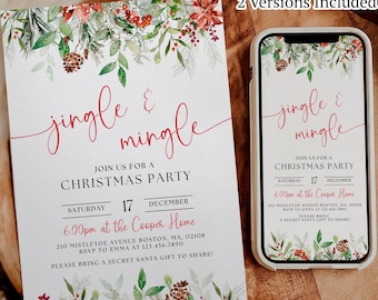 Jingle & Mingle Christmas Party Invitation, Holiday Greenery Christmas Party Invite, Christmas Party Printable Holiday Party Download JEF29