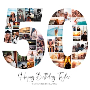Puede incluir: Un fondo blanco presenta un collage con la forma del número 50, lleno de varias fotos. Debajo, el texto dice "Happy Birthday Taylor" y "SEPTEMBER 19TH, 20XX".