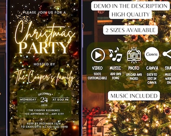 Christmas Party Invitation Video Template, Animated Holiday Party Invite, Editable Electronic Xmas Party Phone Text e-vite Digital JEF27