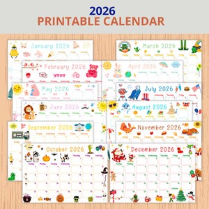 May include: A collection of printable 2026 calendars, each featuring a different month with colorful illustrations. The calendars are decorated with seasonal themes and images, including a snowman, pumpkins, and a leprechaun. The text "2026 PRINTABLE CALENDAR" is at the top.
