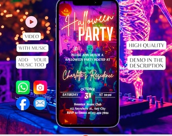 Digital Halloween Party Invitation, Animated Scull Pumpkin Party Video Invite, Gothic Rose Horror eCard, Self Editable DIY Template eCard J9