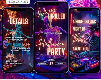 Dancing Skeleton Halloween Invitation – Spooky Animated Disco Party Evite | Digital Halloween Invite for Costume & Neon Dance Party