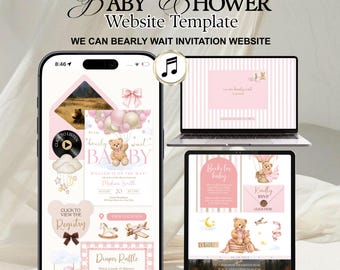 Teddy Bear Ballon Invite We Can Bearly Wait Pink Baby Shower Website Template With RSVP Invitation | Editable Canva Evite Girl Pink Digital