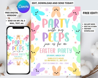 Easter egg Hunt Invitation EDITABLE,Party with my Peeps, Easter Bunny Invite, Gold Easter Egg, Easter Party Invite, Instant Download