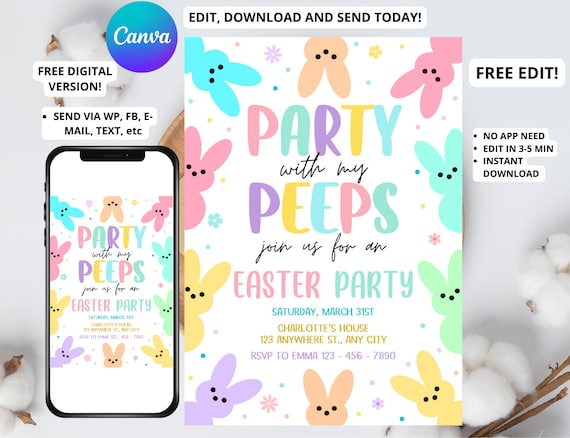 Easter egg Hunt Invitation EDITABLE,Party with my Peeps, Easter Bunny Invite, Gold Easter Egg, Easter Party Invite, Instant Download