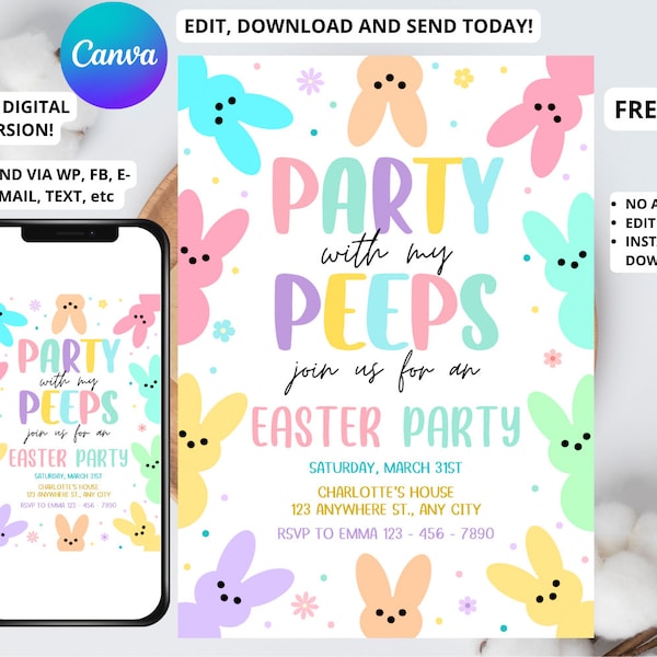 Easter egg Hunt Invitation EDITABLE,Party with my Peeps, Easter Bunny Invite, Gold Easter Egg, Easter Party Invite, Instant Download