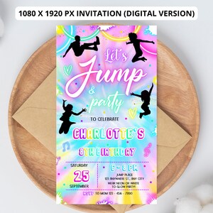 Editable Jump Birthday Party Invitation Tie Dye Jump Birthday Party Glow Jump Trampoline Party Let's Jump Party Instant Editable File Girl 6 image 5