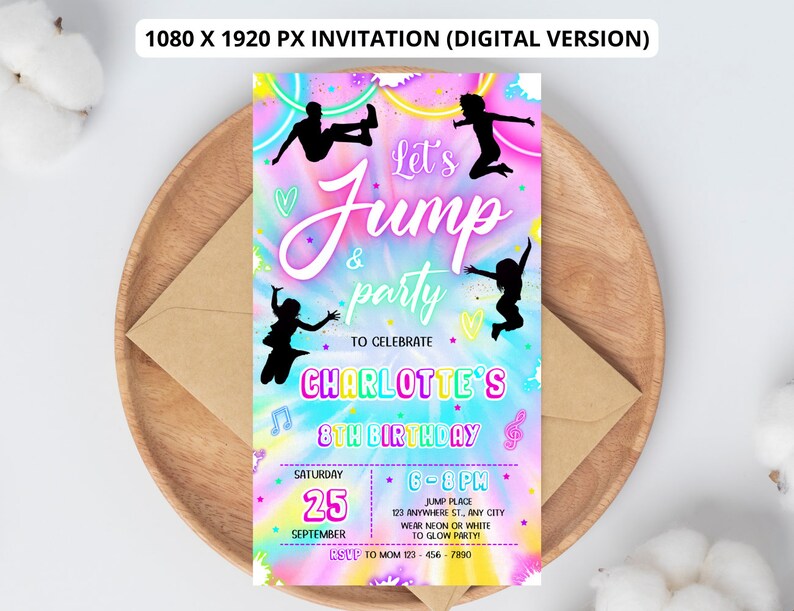 Editable Jump Birthday Party Invitation Tie Dye Jump Birthday Party Glow Jump Trampoline Party Let's Jump Party Instant Editable File Girl 6 image 5