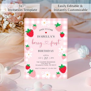 Berry First Birthday Invitation, Editable 1st Birthday Girl Invite, Printable Strawberry First Birthday Girl Invitation Template JEFF19 image 3
