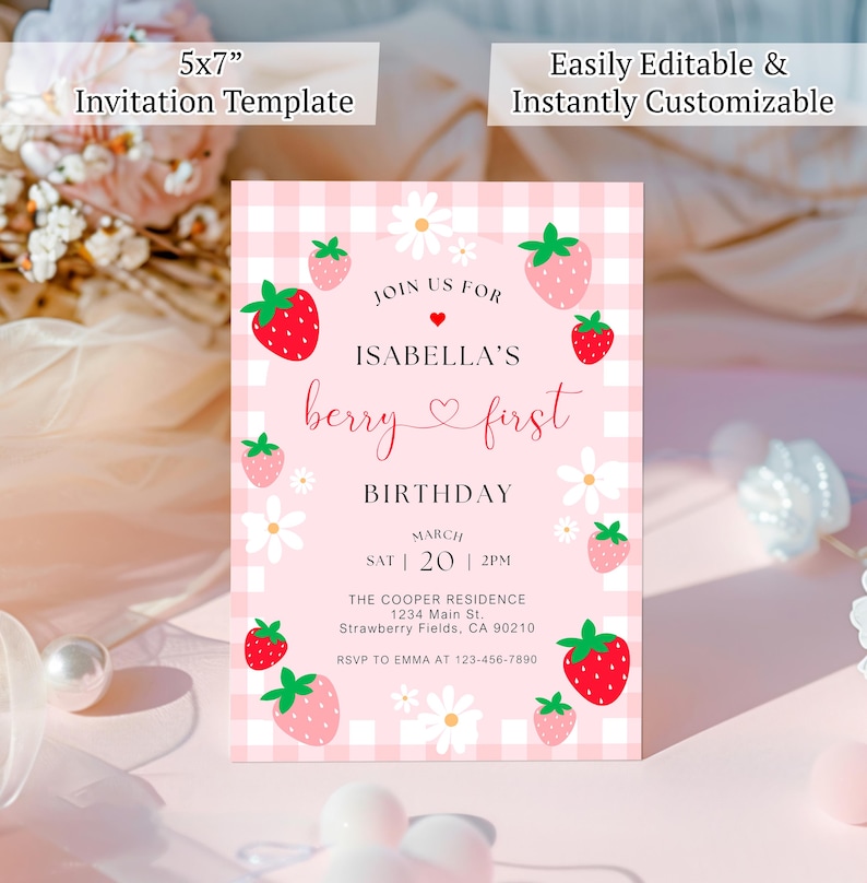 Berry First Birthday Invitation, Editable 1st Birthday Girl Invite, Printable Strawberry First Birthday Girl Invitation Template JEFF19 image 3