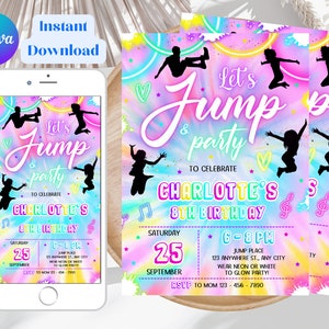 Editable Jump Birthday Party Invitation Tie Dye Jump Birthday Party Glow Jump Trampoline Party Let's Jump Party Instant Editable File Girl 6 image 7