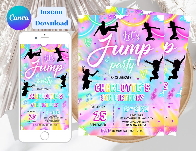 Editable Jump Birthday Party Invitation Tie Dye Jump Birthday Party Glow Jump Trampoline Party Let's Jump Party Instant Editable File Girl 6 image 7