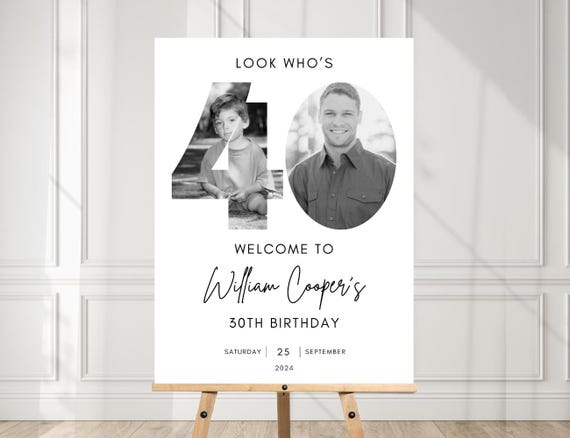 Male 40th Welcome Sign, Look Who's 40 Welcome Sign, 40th Poster with Photo, Modern 40th Welcome Sign, Birthday Welcome Poster JEF903
