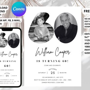 Invitation 60e anniversaire avec photo, Look Who's 60, modèle d'invitation 60e anniversaire, simple 60e invitation, homme 60e invitation, modifiable, imprimable