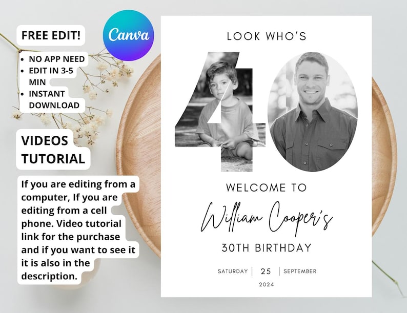 May include: A black and white printable birthday invitation with a large number 40 in the center. The number 40 is made up of two photos of a person. The text "LOOK WHO'S" is at the top of the invitation. The text "WELCOME TO William Cooper's 30TH BIRTHDAY" is below the number 40. The date "SATURDAY 25 SEPTEMBER 2024" is at the bottom of the invitation.
