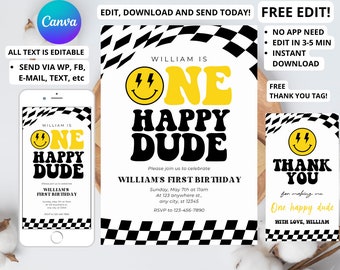 One Happy Dude Birthday Invitation Template, Printable Invitation, Editable Retro One Happy Dude First Birthday Party Invite, Groovy one J90