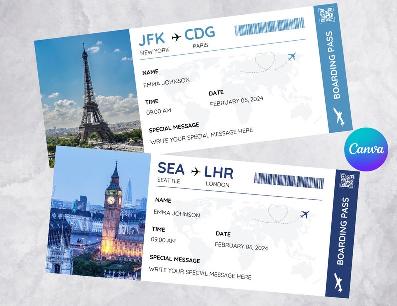 Editable Boarding Pass Canva Template, Printable Airline Ticket ...