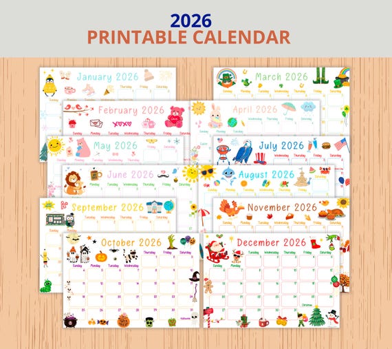 2026 Calendar Printable,Cute Kids Calendar 2026,Wall Calendar PDF,Editable Calendar,Kids Monthly Planner,Homeschool Calendars,Animated JEF19