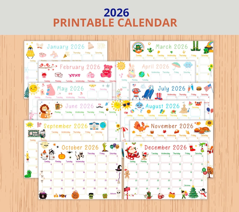 May include: A collection of printable 2026 calendars, each featuring a different month with colorful illustrations. The calendars are decorated with seasonal themes and images, including a snowman, pumpkins, and a leprechaun. The text "2026 PRINTABLE CALENDAR" is at the top.