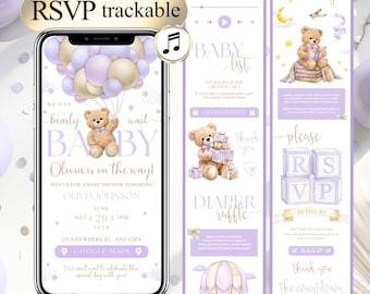 Baby Shower Invitation Template| Girl lavender Teddy Bear Digital Invite with Clickable RSVP| Digital Invitation Template RSVP Online Purple