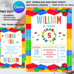 Building Blocks Birthday Invitation | Building Bricks Kids Birthday Party Invite | Printable Editable Canva Template | Editable Invitation