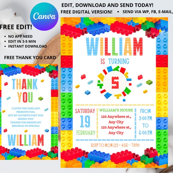 Building Blocks Birthday Invitation | Building Bricks Kids Birthday Party Invite | Printable Editable Canva Template | Editable Invitation