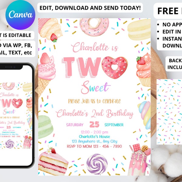 Two Sweet Birthday Invitation 2nd Birthday Girl Donut Invitation Blush Pink Two Year Dessert Invite Download Printable Editable Birthday 947