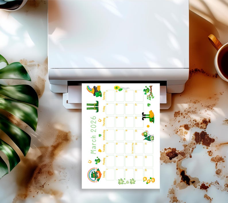May include: A printed calendar page for March 2026, featuring a St. Patrick's Day theme. The calendar has green and yellow illustrations of leprechauns, shamrocks, and rainbows. The calendar is being printed from a white printer.