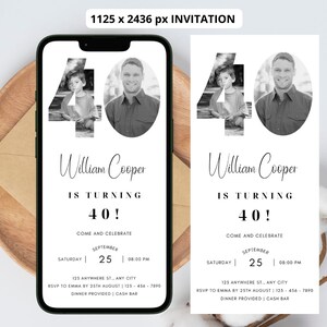 May include: Black and white birthday invitation for a 40th birthday party. The invitation features a photo collage of the birthday person at different ages. The text reads "William Cooper is turning 40! Come and celebrate September 25, 08:00 PM. 123 Anywhere St., Any City. RSVP to Emma by 25th August 123-456-7890. Dinner provided | Cash bar."