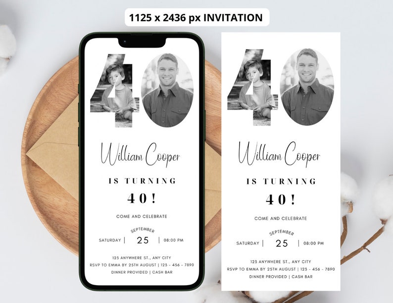 May include: Black and white birthday invitation for a 40th birthday party. The invitation features a photo collage of the birthday person at different ages. The text reads "William Cooper is turning 40! Come and celebrate September 25, 08:00 PM. 123 Anywhere St., Any City. RSVP to Emma by 25th August 123-456-7890. Dinner provided | Cash bar."