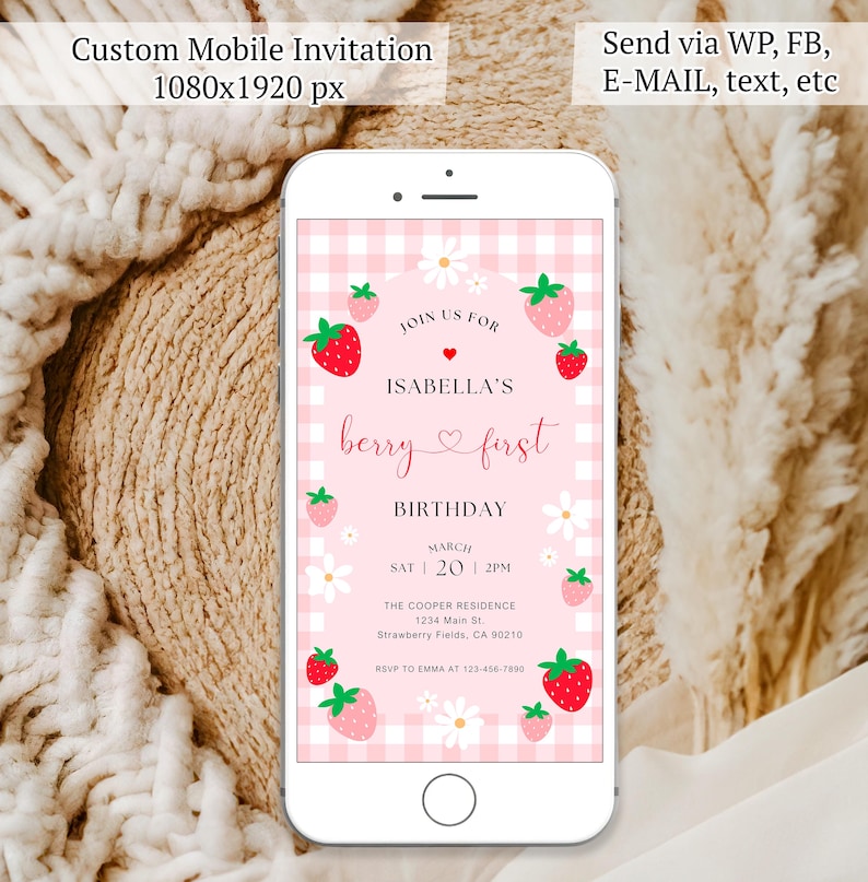 Berry First Birthday Invitation, Editable 1st Birthday Girl Invite, Printable Strawberry First Birthday Girl Invitation Template JEFF19 image 4