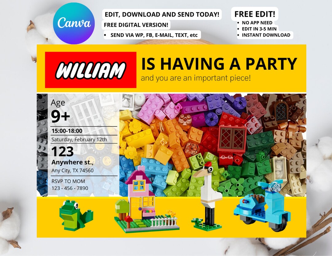 Printable Building Blocks Birthday Invitation, Bricks Invite, EDITABLE ...