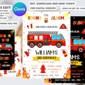 Editable Firetruck Invitation, Fire truck Birthday Invitation, Firetruck Invitation, Fire truck invitation, Firetruck thank you tags 47586