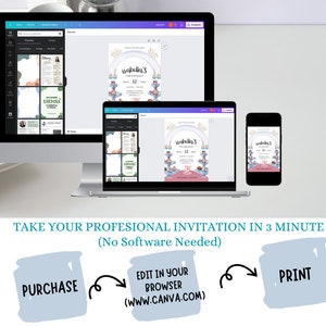 May include: A computer screen displaying a digital invitation template for a birthday party. The invitation features a pink and blue color scheme with a watercolor design of a cake and a teacup. The text on the invitation reads "Isabella's 12th Birthday". The image also shows a laptop and a smartphone displaying the same invitation template.
