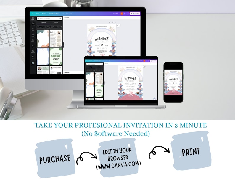 May include: A computer screen displaying a digital invitation template for a birthday party. The invitation features a pink and blue color scheme with a watercolor design of a cake and a teacup. The text on the invitation reads "Isabella's 12th Birthday". The image also shows a laptop and a smartphone displaying the same invitation template.